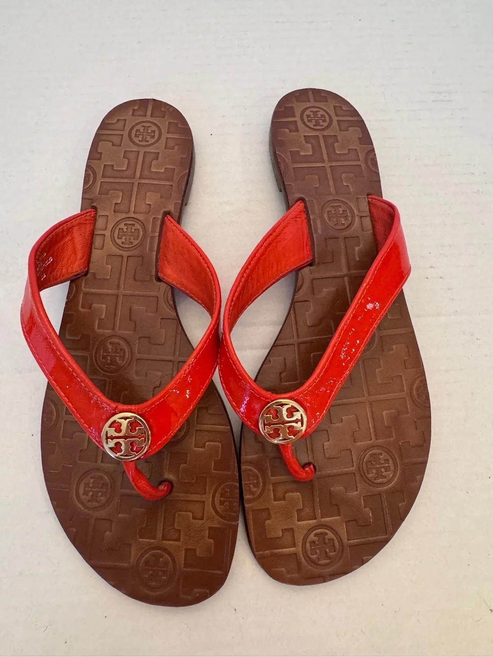 Tory Burch Womens 8M Thora Patent Leather Thong Flip Flops Flats Red Summer Pool